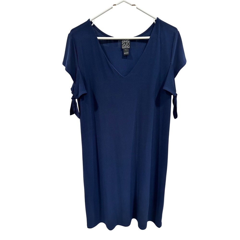 Clara Sunwoo Navy Blue V-Neck Tie Cold Shoulder Tunic Dress Top Large USA Made‎